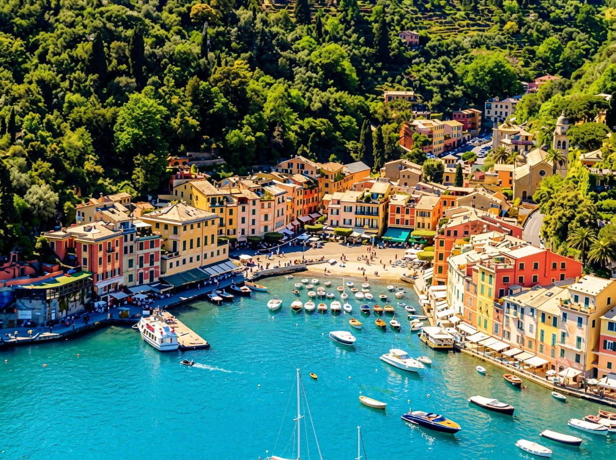 Panoramic view of Portofino harbour with pastel houses, a yacht and the Ligurian coastline