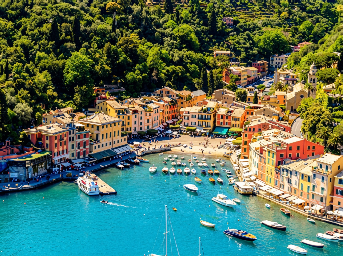 Vista panorámica del puerto de Portofino con sus casas de colores y el mar de Liguria