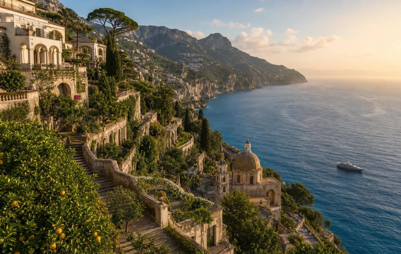 Panoramic view of the Amalfi Coast with cliffside villas and terraces over the sea