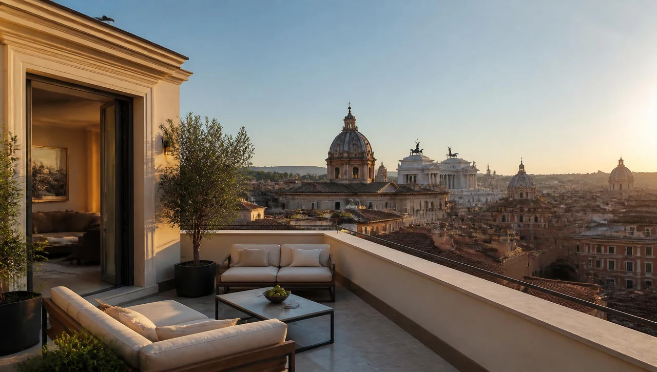 Panoramic view of a luxury Rome penthouse terrace overlooking the Eternal City