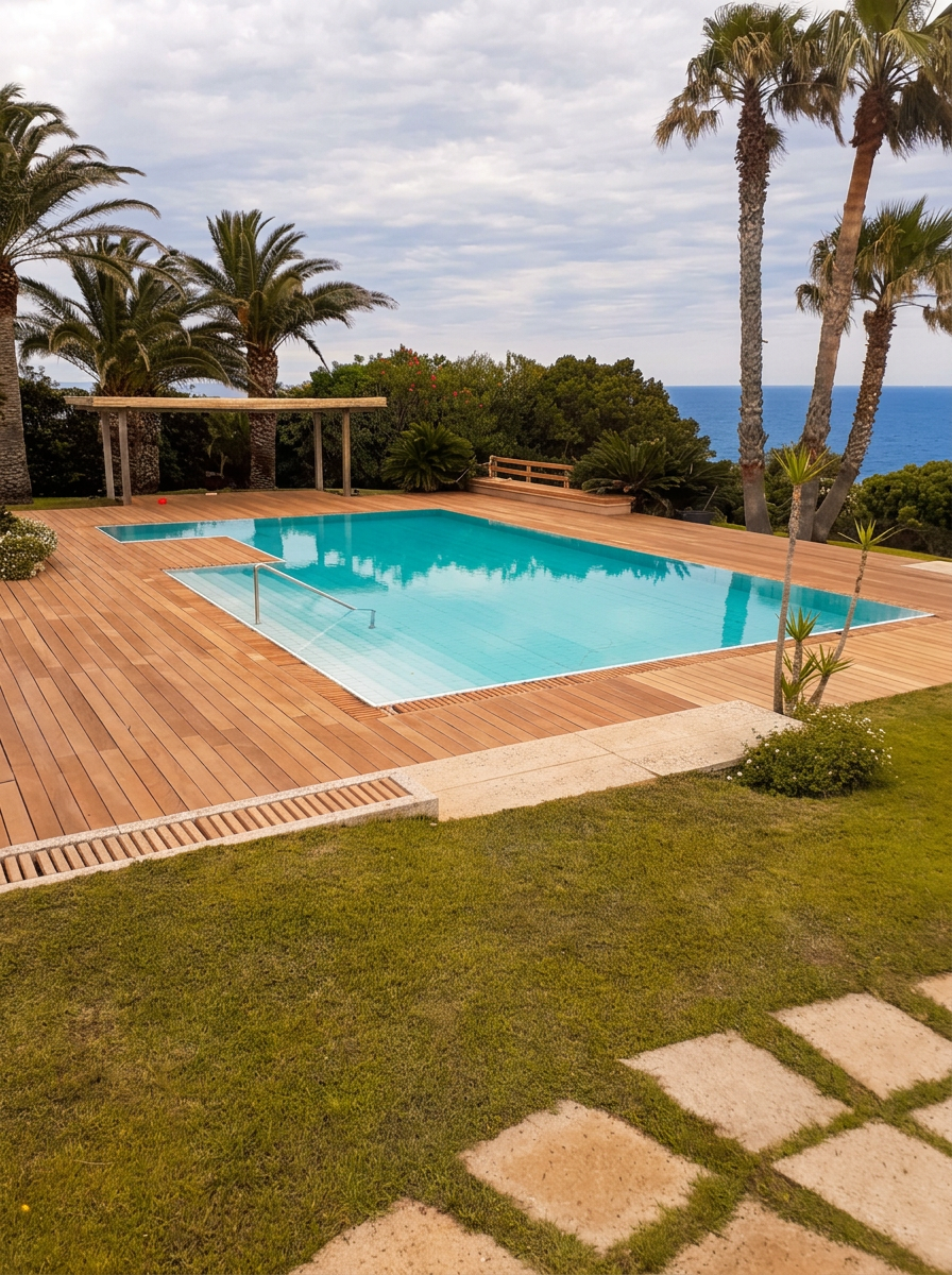 Piscina con terraza de madera y palmeras con vistas al mar de Cerdeña