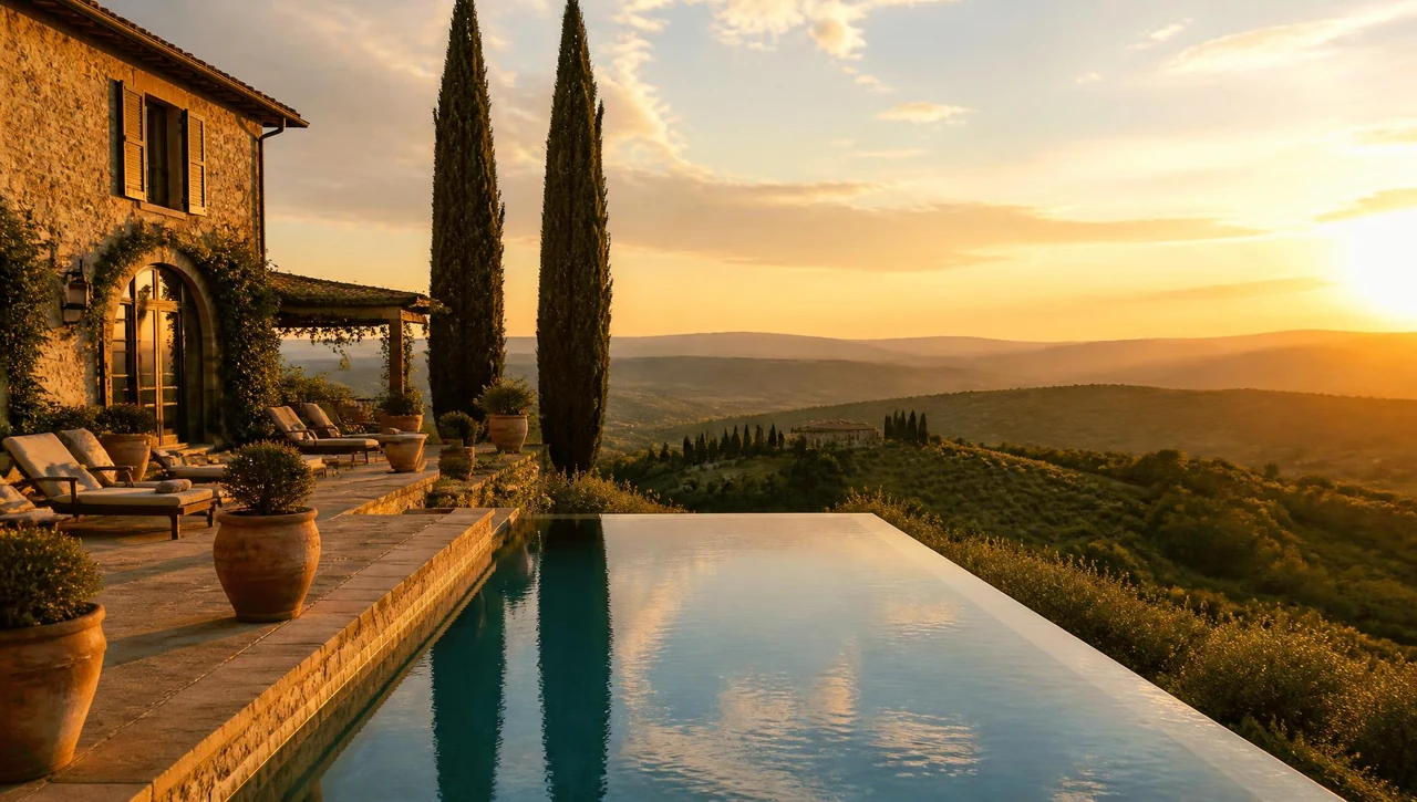 Luxury Italian villa with infinity pool at sunset