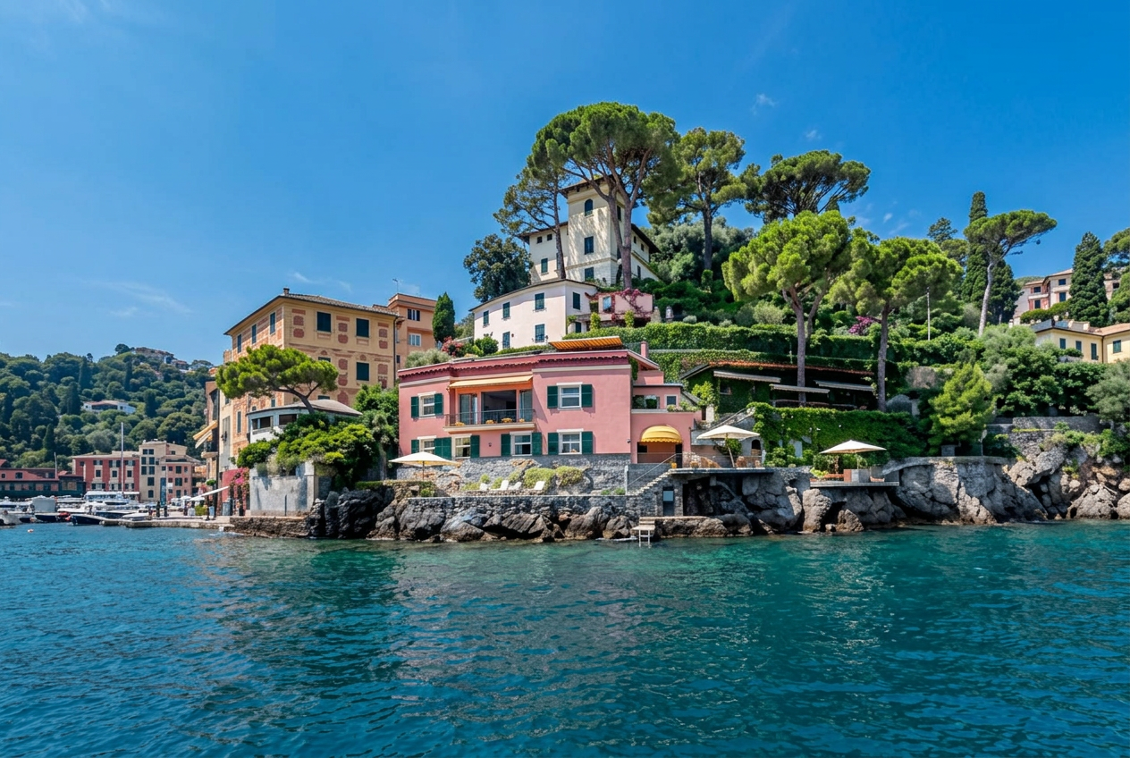Villa rosa frente al mar sobre las rocas de Portofino con acceso directo al mar