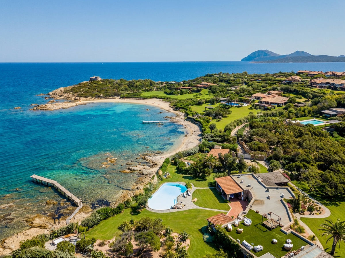 Vista aérea de una finca frente al mar en Porto Rotondo con piscina privada, embarcadero y playa