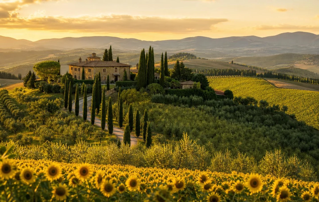 Panoramic view of a restored Tuscan estate with cypress driveway, vineyards and olive groves